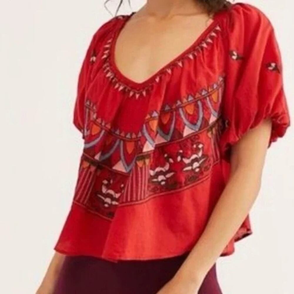 Free People Wind in Her Hair Embroidered Peasant Crop Top Red Size XS